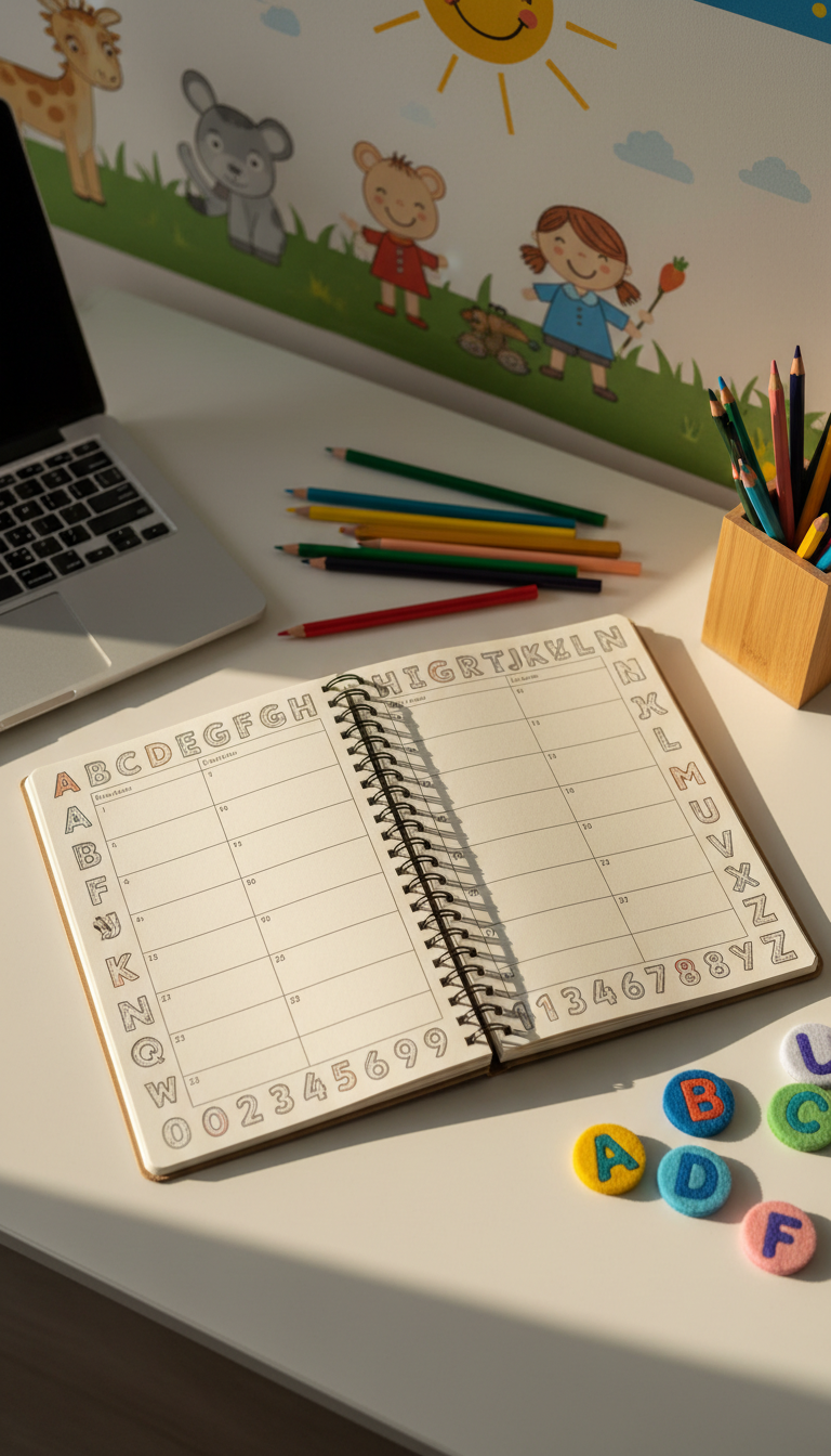 An open, spiral-bound teacher’s planner featuring crisp, cream-colored pages accented with hand-drawn illustrations of alphabet letters and numerals along the margins. The planner rests on a matte white desk surrounded by colored pencils, tiny felt alphabet puzzles, and a closed laptop. Late morning sunlight streams in, creating gentle, natural highlights on the planner paper and soft focus on the cheerful classroom wall mural in the background. The camera angle is overhead, focusing on organized clarity, with a clean and fresh aesthetic. This image conveys a sense of purposeful preparation and supports the informative tone of an Early Years education blog.